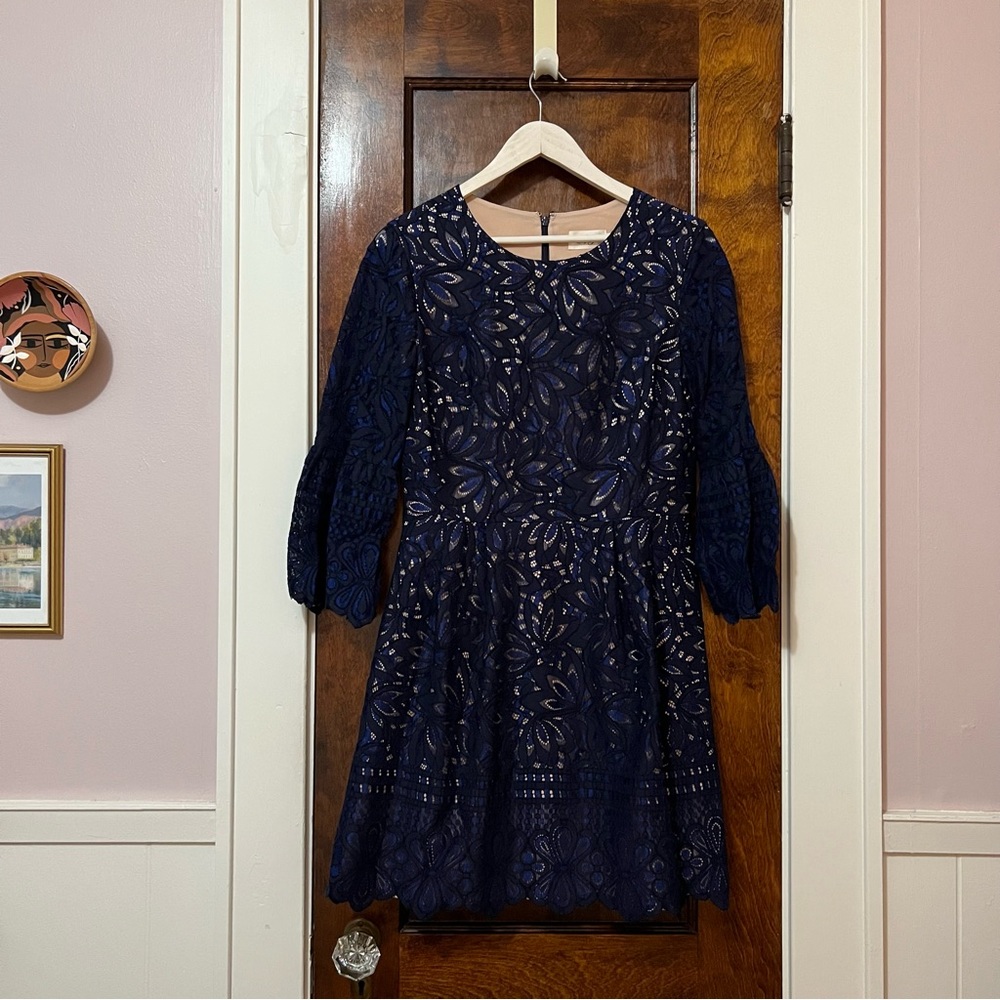 Eliza J bell sleeve lace navy dress with pockets